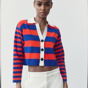 Zara Red and Blue Striped Cardigan with Cream Accents
